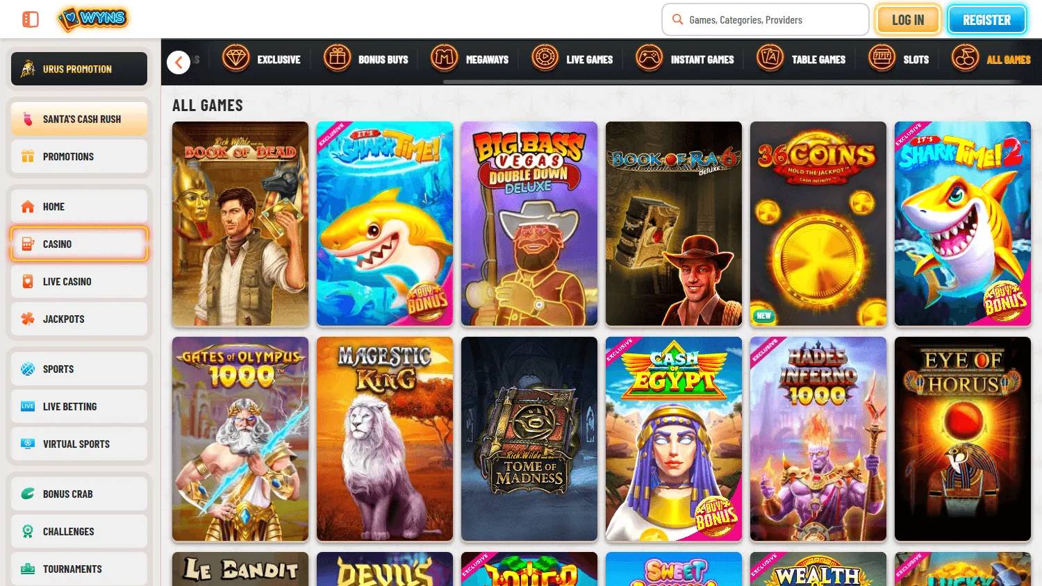 Wyns Casino desktop games interface