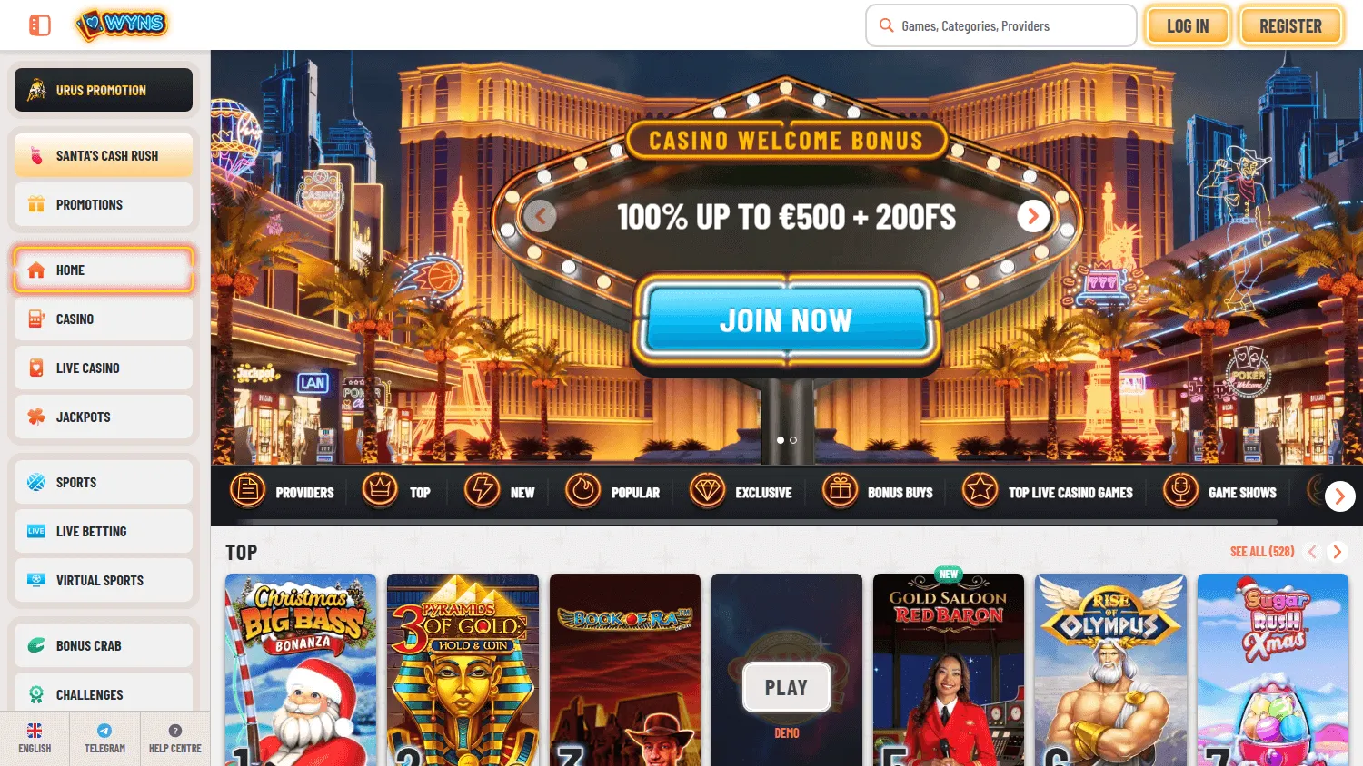 Wyns Casino desktop home interface