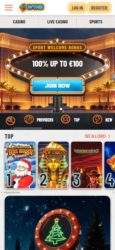 Wyns Casino mobile browser home interface