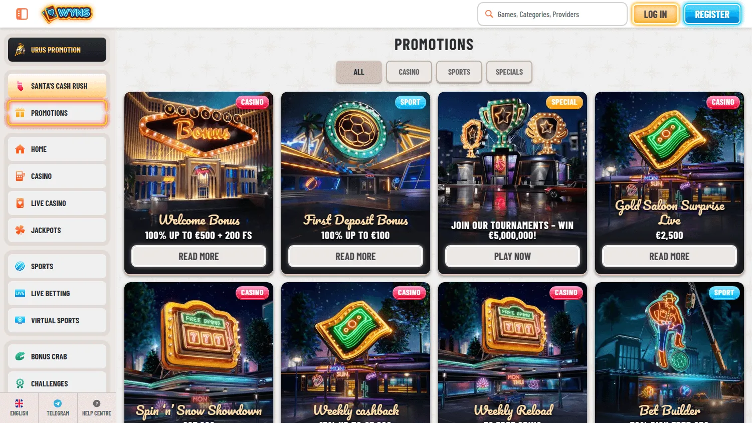 Wyns Casino desktop promotions interface
