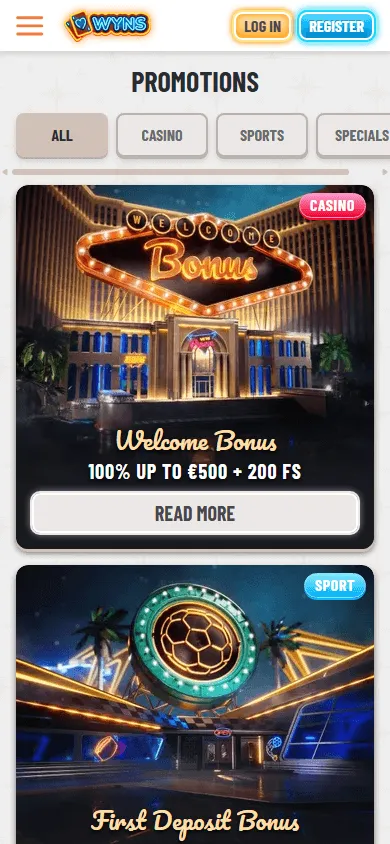 Wyns Casino mobile browser promotions interface